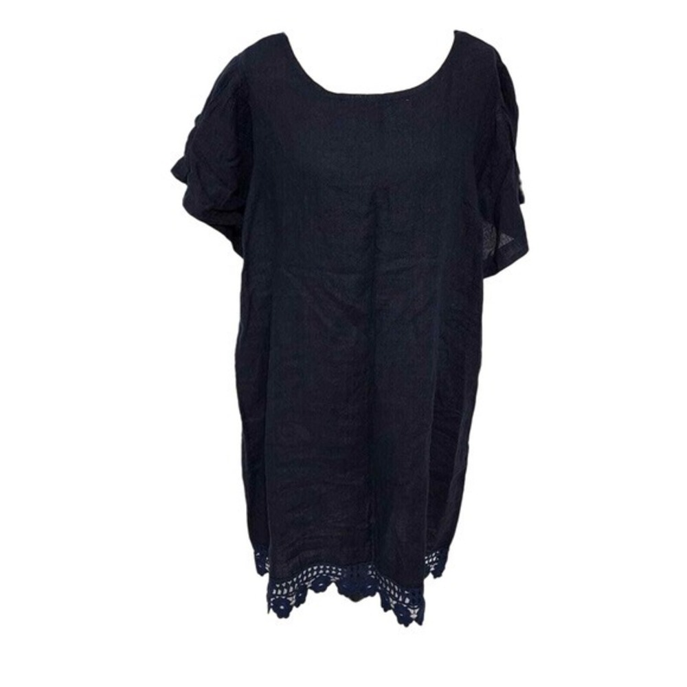 Bellambia Navy Blue‎ Pure Linen Crochet Lace Hem Shift Dress Italy 2X Lagenlook